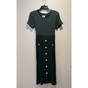 Vintage Promises‎ Petite Dress 90s Green Embroidered Crinkled Cottagecore Modest